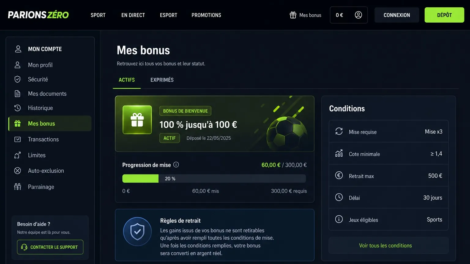 Conditions de mise et règles de retrait – bonus sans dépôt paris sportif hors ARJEL
